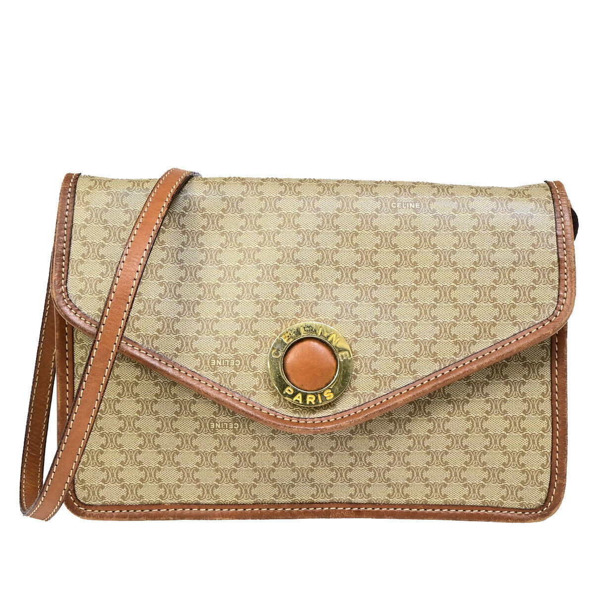 CELINE Logo Macadam Pattern Shoulder Tote Bag PVC Leather Brown GHW 62SJ014
