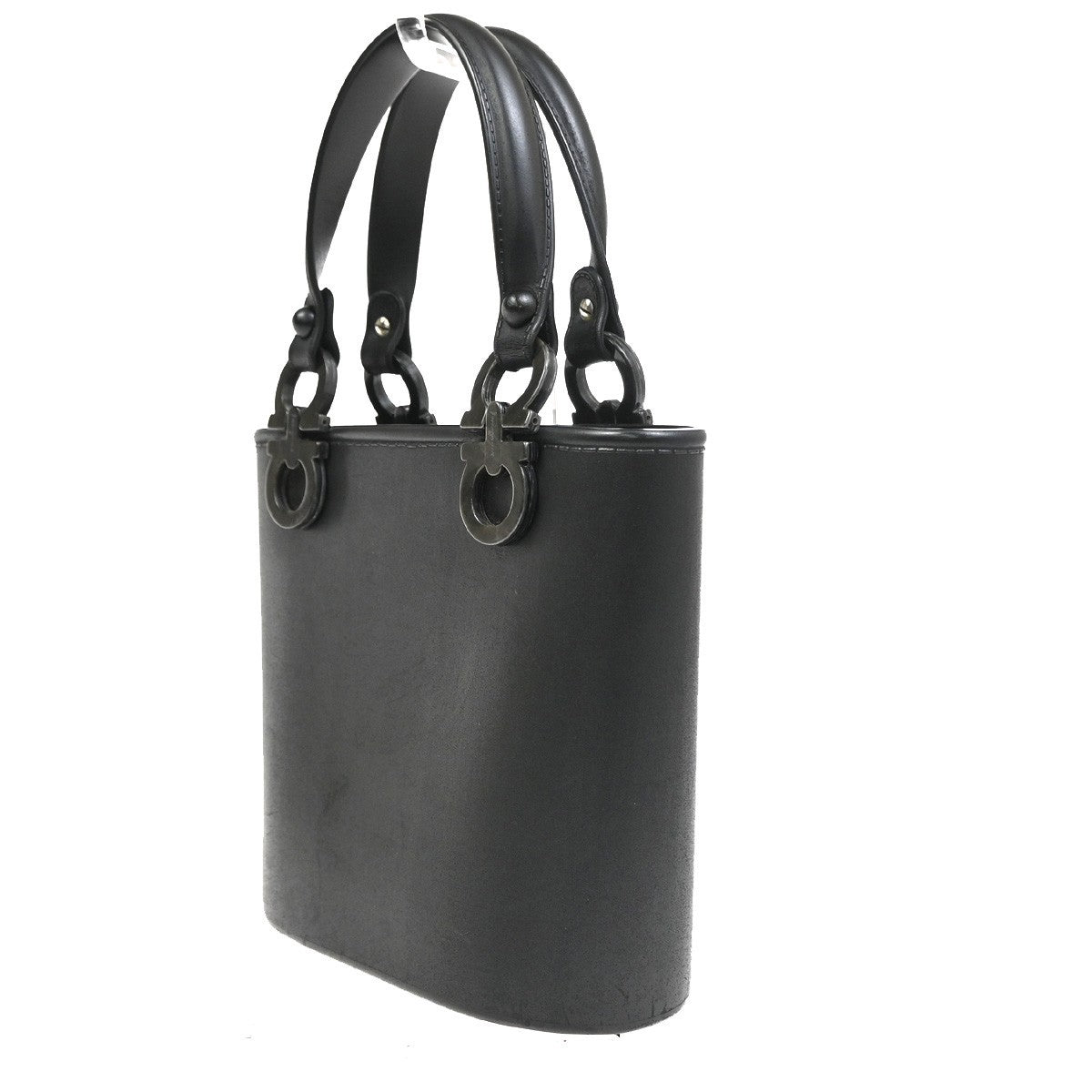 SALVATORE FERRAGAMO Gancini Mini Hand Bag Rubber Leather Black SHW 76TA619
