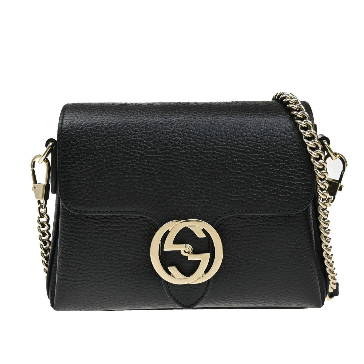 GUCCI Logo Interlocking G Chain Shoulder Bag Leather Black GHW Italy 43RL410