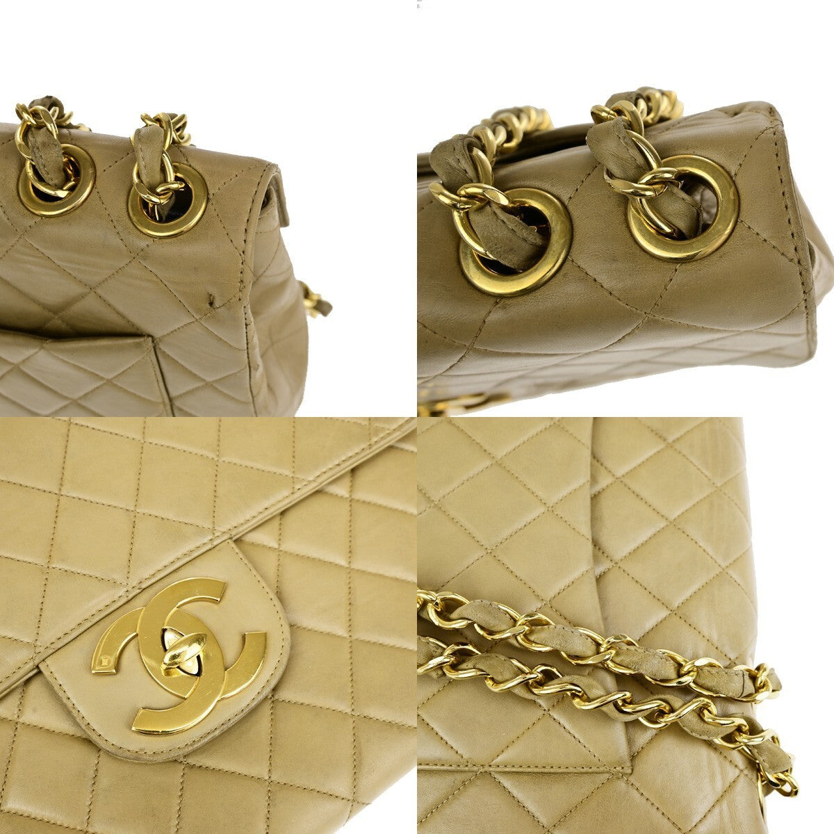 CHANEL CC Matelasse 30 Chain Shoulder Bag Leather Beige GHW Vintage 309RK218