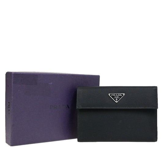 PRADA MILANO Logo Tessuto Trifold Wallet Purse Nylon Leather Black Italy 33RJ859