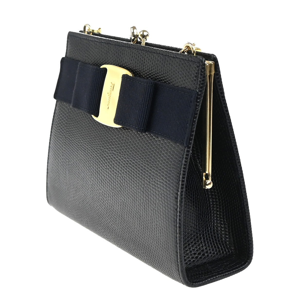 SALVATORE FERRAGAMO Shoulder Bag Embossing Leather Navy Blue GHW Italy 38MA199