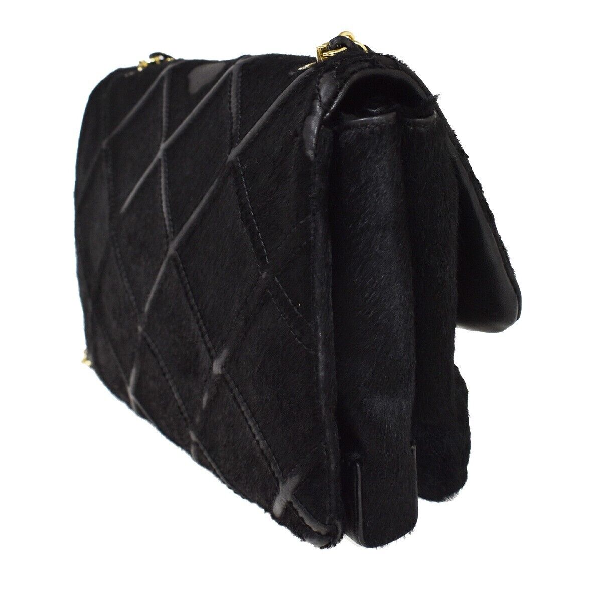 SALVATORE FERRAGAMO Vara Chain Shoulder Bag Fur Leather Black Gold Italy 67GA804