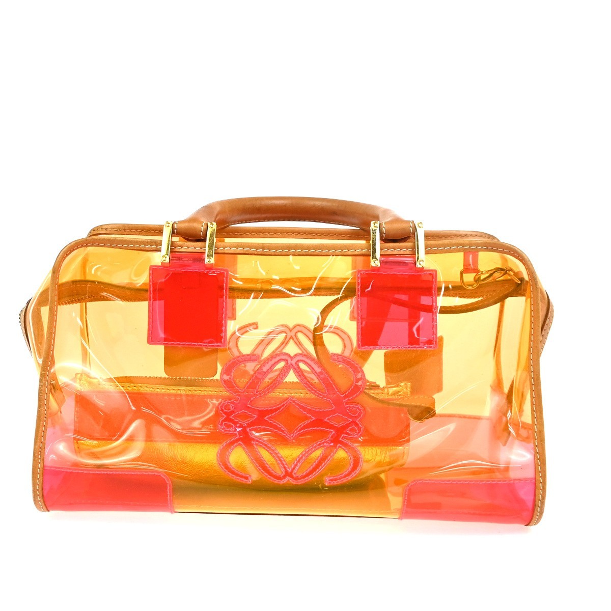 LOEWE Anagram Logo Amazona 28 Hand Bag Pouch Vinyl Leather Orange PK GHW 12RL927