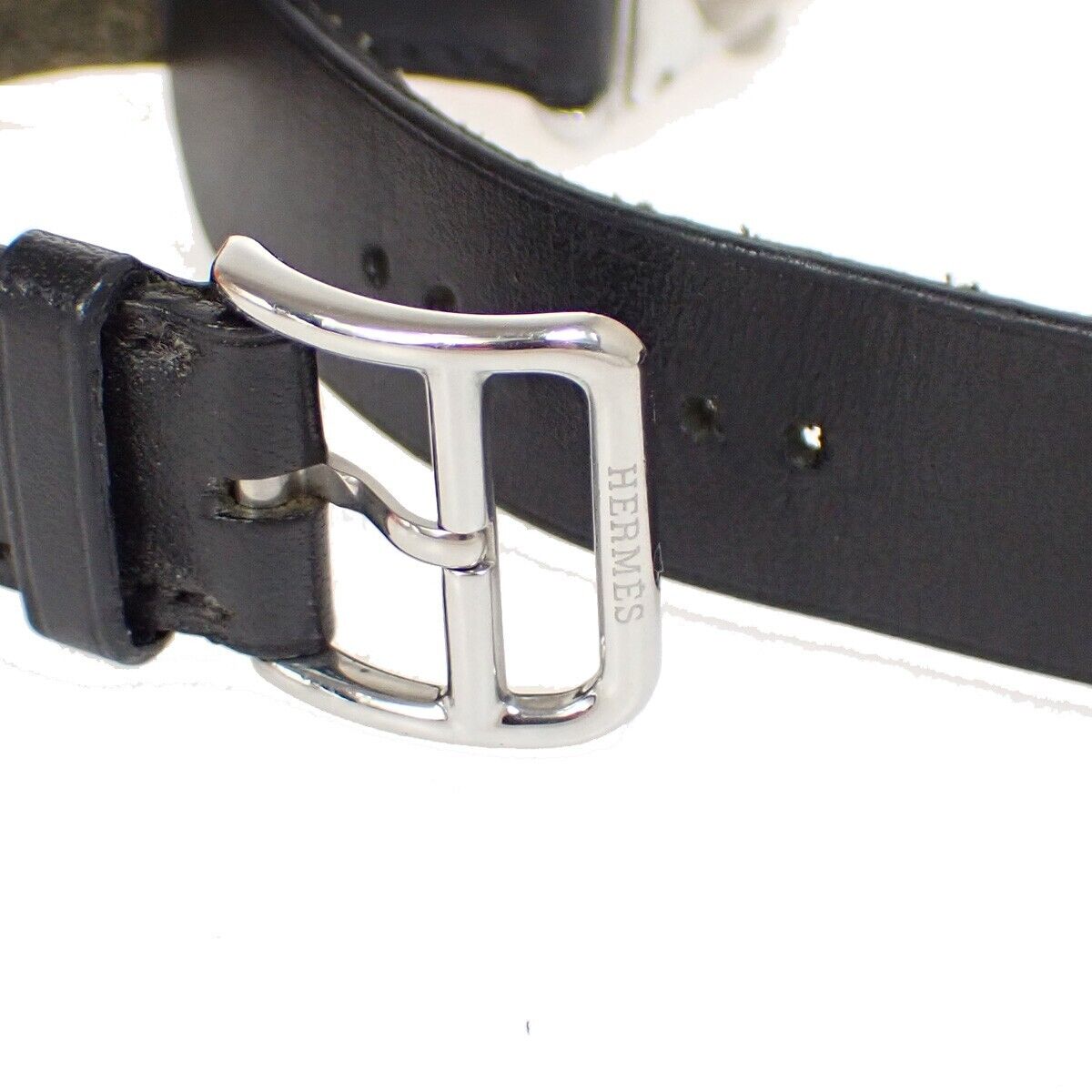 HERMES Logo Cape Cod Double Tour Wristwatch Leather ▢D Black Silver 660LC513