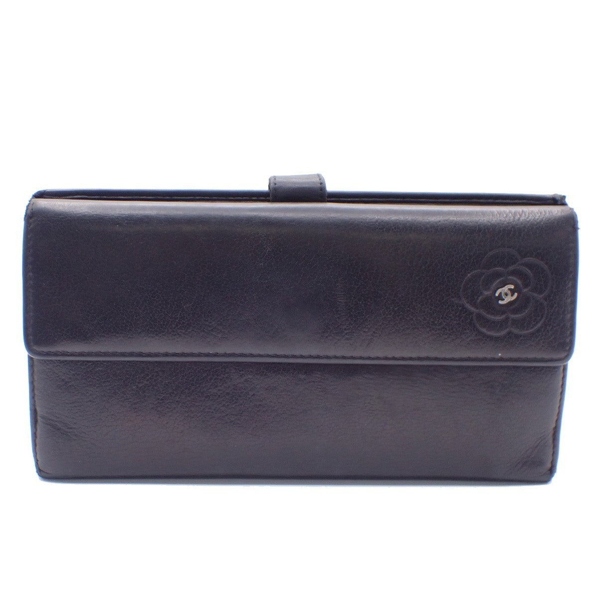 CHANEL CC Logo Camellia Long Bifold Wallet Purse Leather Black SHW 09KC573