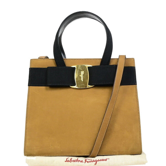 SALVATORE FERRAGAMO Vara 2Way Shoulder Hand Bag Suede Leather BN BK GHW 33EB635