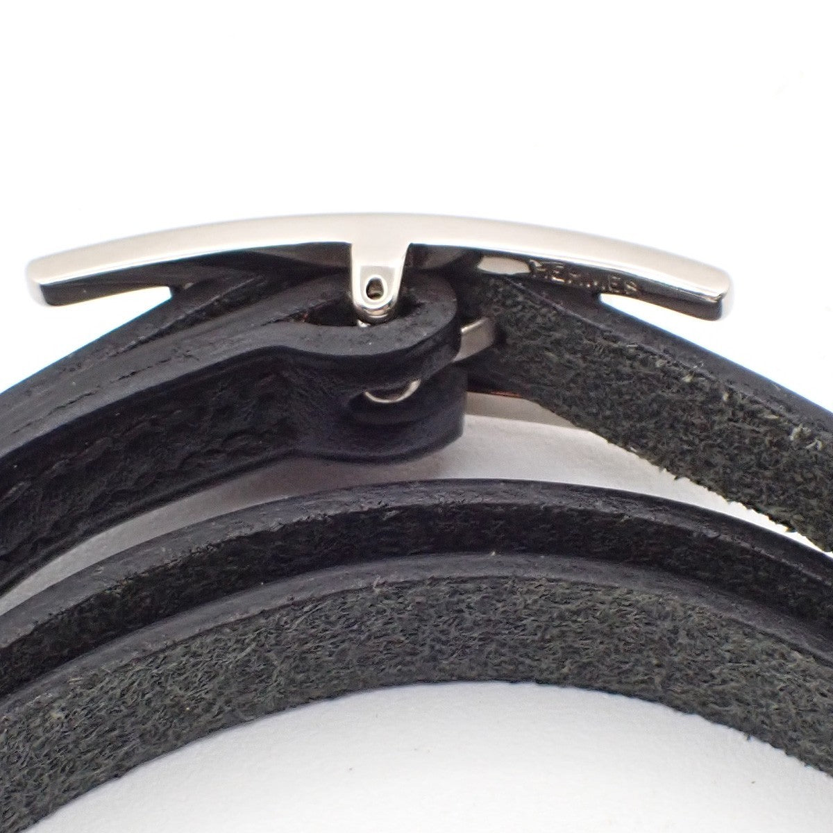 HERMES Api 3 Triple Tour Long Bracelet SHW Leather Sliver Black 67RF760
