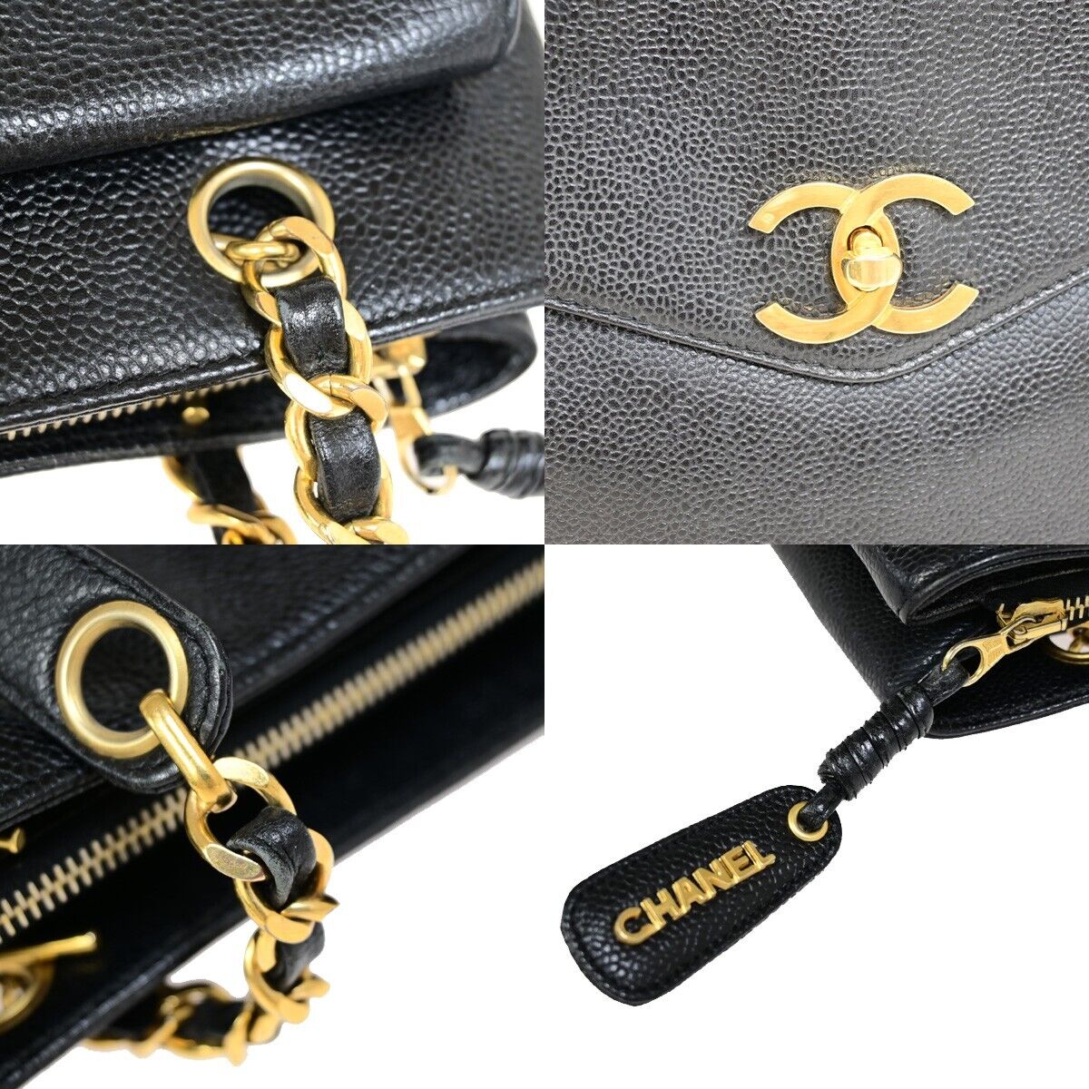 CHANEL CC Logo Chain Shoulder Bag Caviar Skin Leather Black GHW Italy 690RF155
