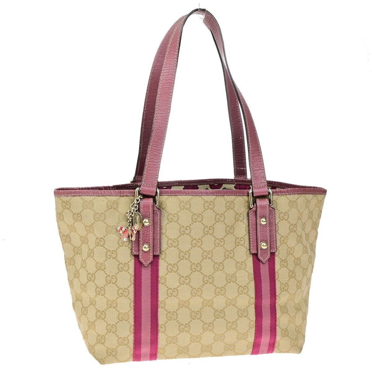 GUCCI Logo GG Pattern Shoulder Tote Bag Canvas Leather Brown Pink Italy 32FB390