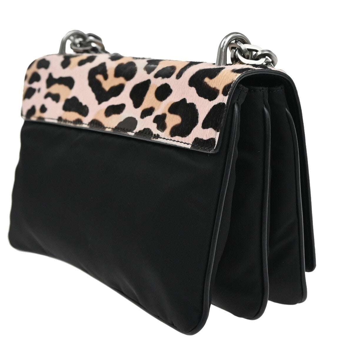 PRADA MILANO Leopard Chain Shoulder Bag Hair on Leather Nylon Black Pink 99KC004