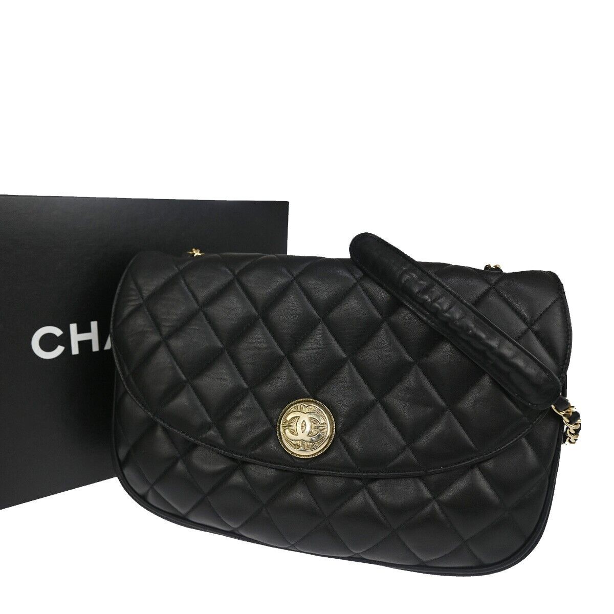 CHANEL CC Logo Matelasse Chain Shoulder Bag Leather Black GHW Italy 620LC413