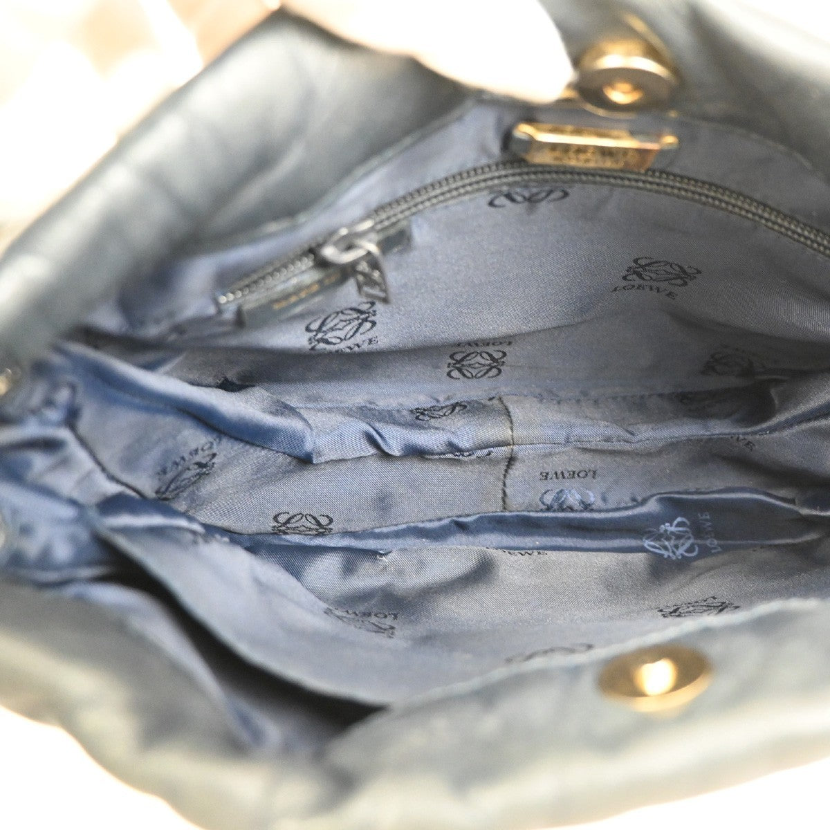 LOEWE LOGO Anagram Drawstring Shoulder Bag Nappa Leather Blue GHW Spain 83ZA266