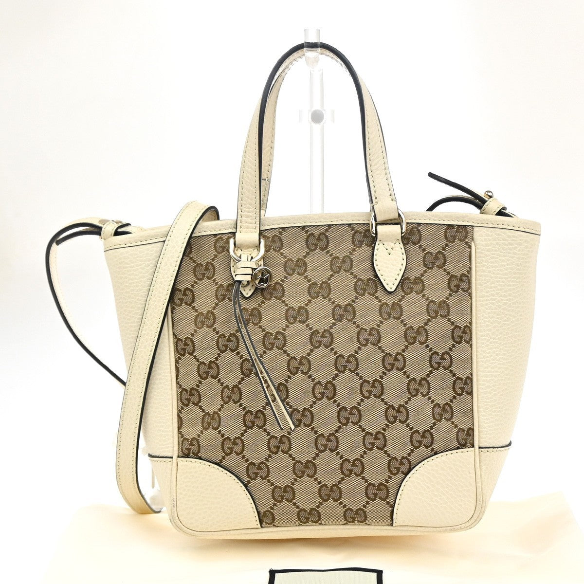 GUCCI GG Logo 2way Shoulder Handbag Canvas Leather Beige White GHW Italy 93KC202