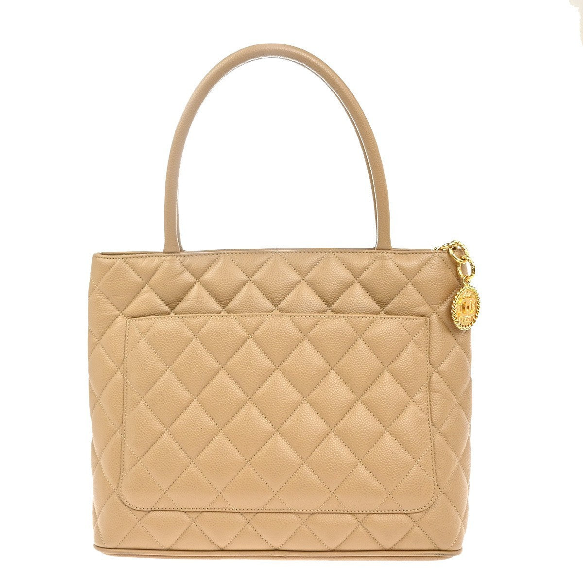CHANEL Medallion Matelasse Shoulder Bag Grained Calfskin Leather Beige 307RP029