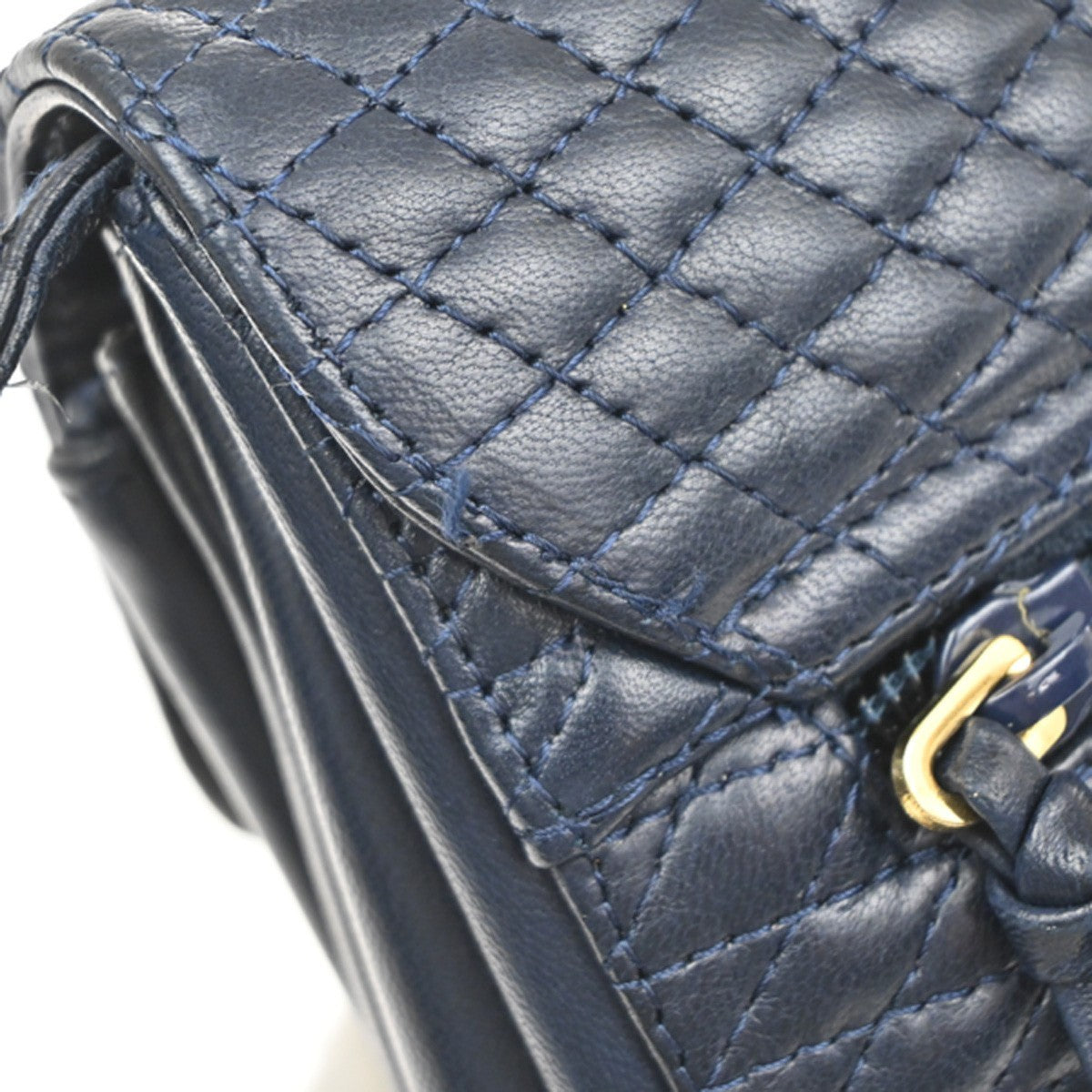 BALLY Logo Flap Shoulder Bag Quilted Leather Navy Blue GHW Italy 09MA548