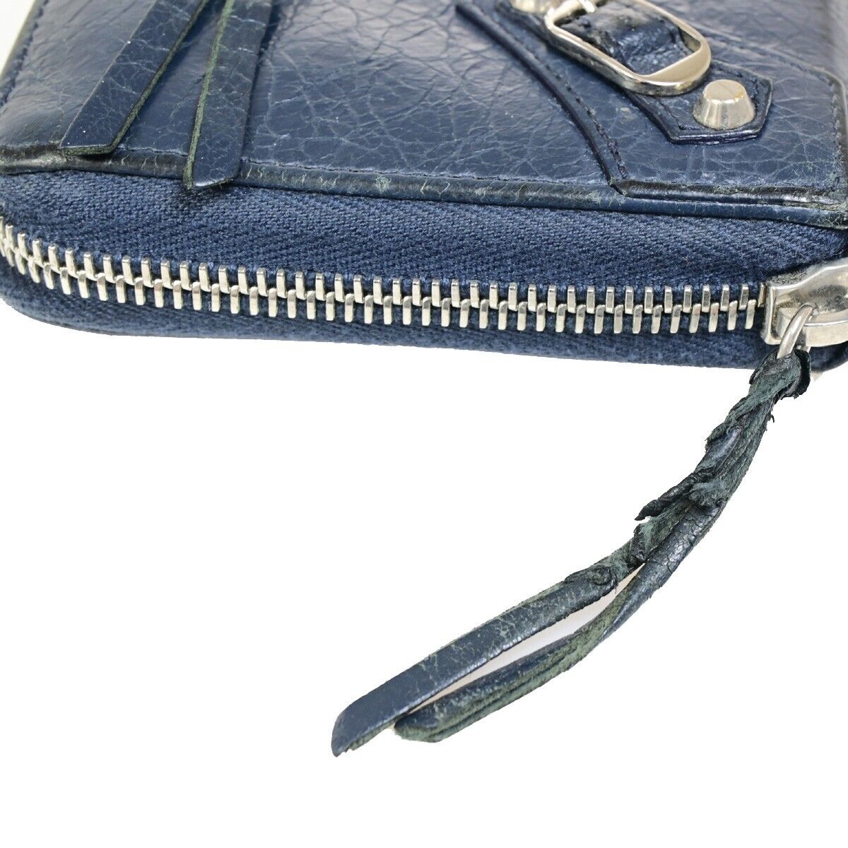 BALENCIAGA Logo Continental Zip Around Long Wallet Purse Leather Navy 09FB095