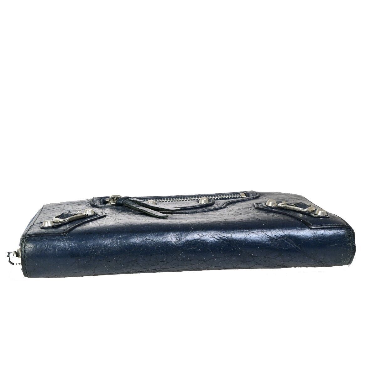 BALENCIAGA Logo Continental Zip Around Long Wallet Purse Leather Navy 09FB095