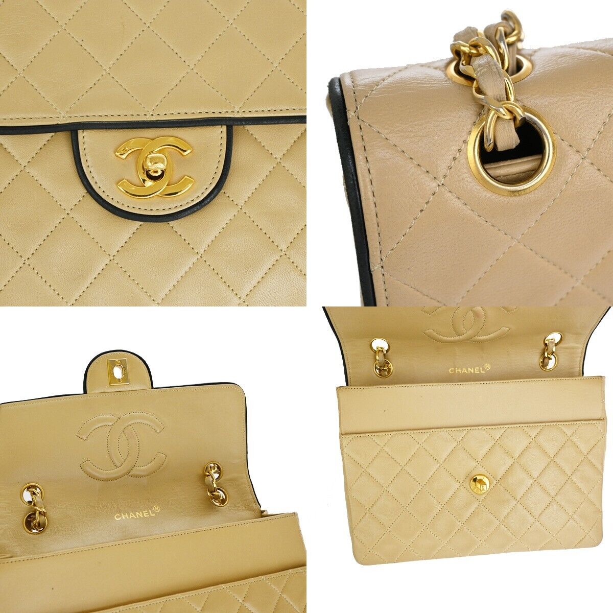 CHANEL CC Matelasse Chain Shoulder Bag Leather Beige Black GHW Vintage 318RJ663