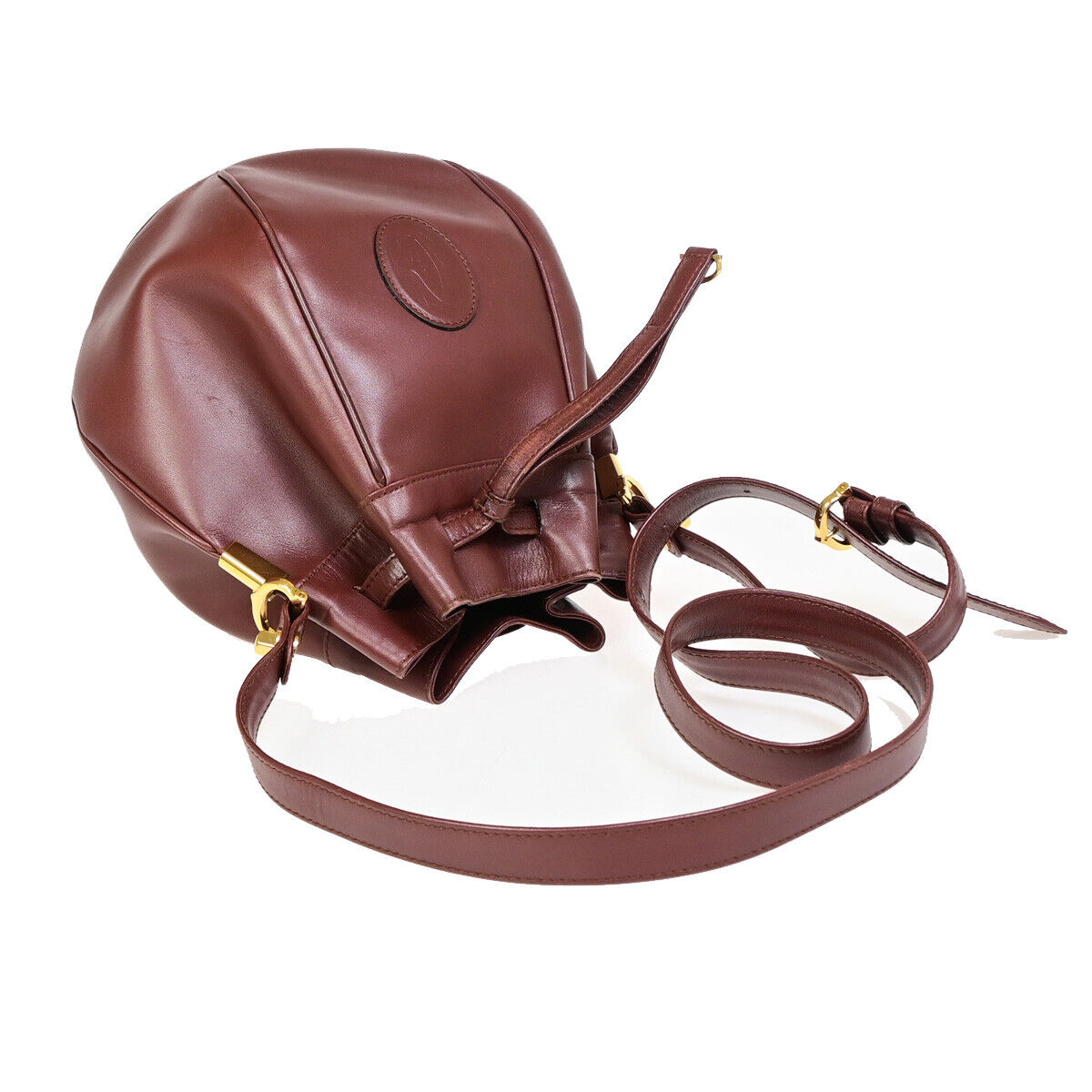 MUST DE CARTIER 2C Logo Drawstring Shoulder Bag Leather Bordeaux GHW 64YE754