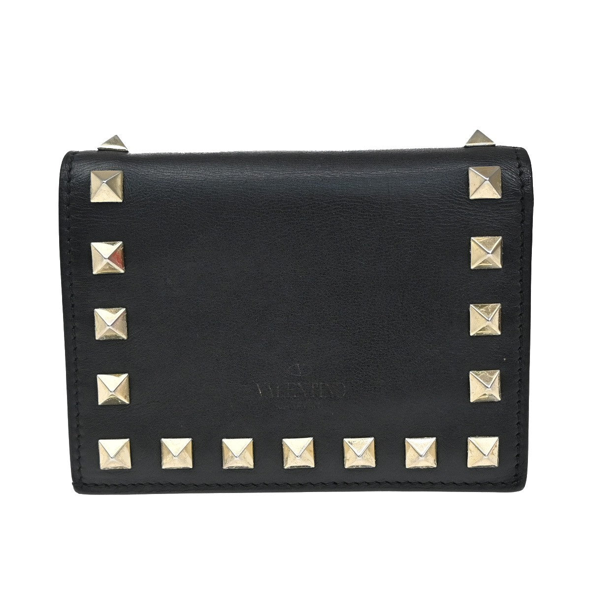 VALENTINO Logo Studs Compact Bifold Wallet Purse Leather Black GHW Italy 69KB160