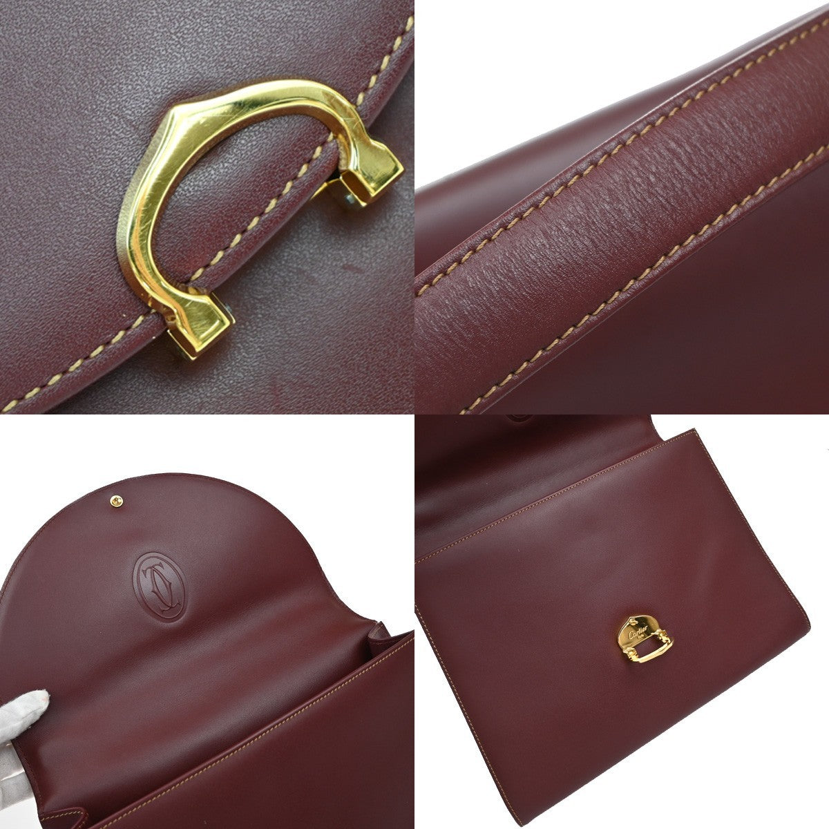 MUST DE CARTIER 2C Logo Hand Bag Leather Red Gold-Plated Italy 38KP142