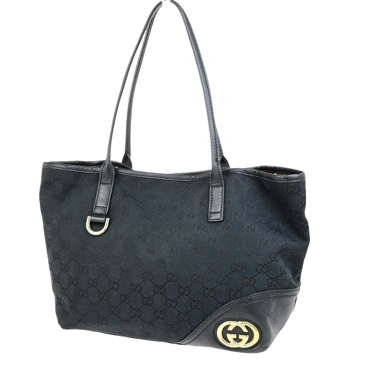 GUCCI Logo GG Pattern Shoulder Tote Bag Canvas Leather Black Italy 33FB339