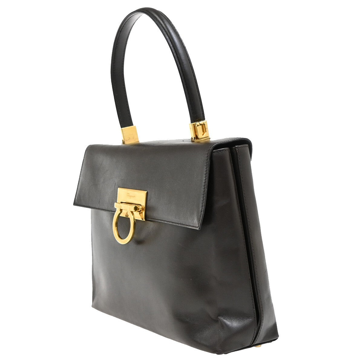 SALVATORE FERRAGAMO Logo Gancini Hand Bag Leather Brown GHW Italy 60EE943