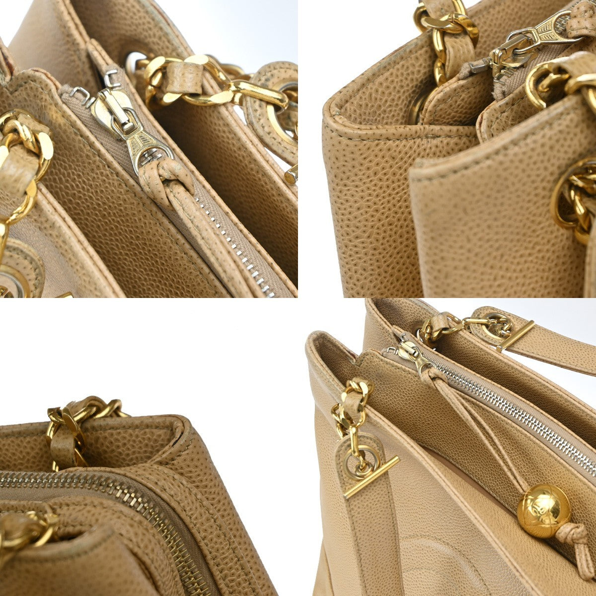 CHANEL CC Logo Chain Shoulder Bag Grained Calfskin Leather Beige Italy 680RP055