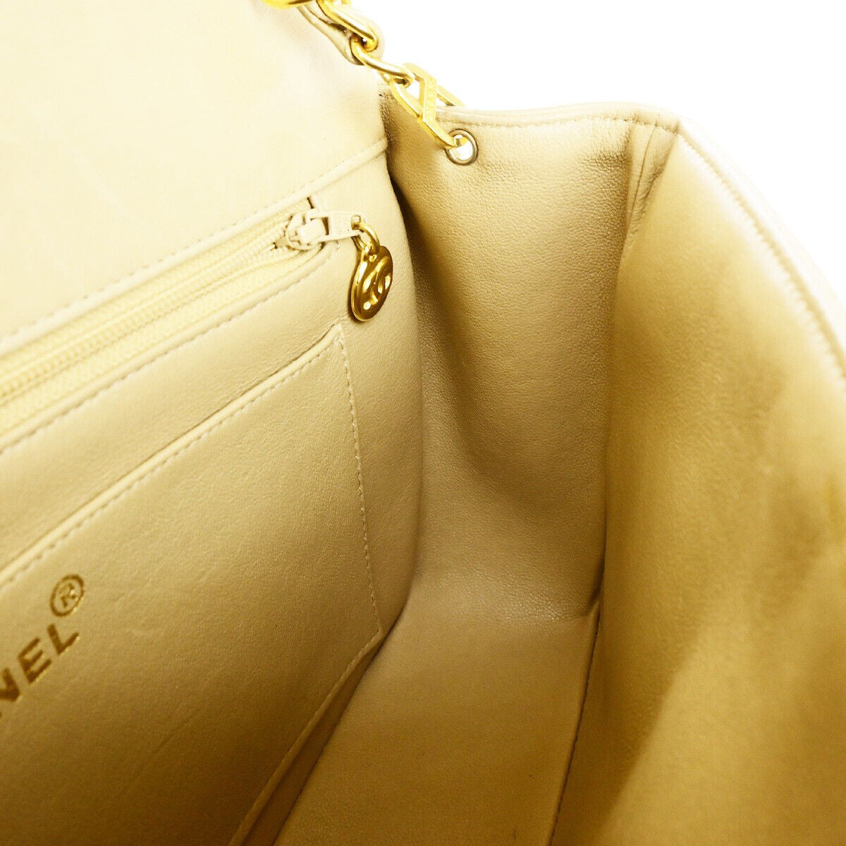 CHANEL CC Logo Mademoiselle Chain Shoulder Bag Leather Beige GHW France 373RK186