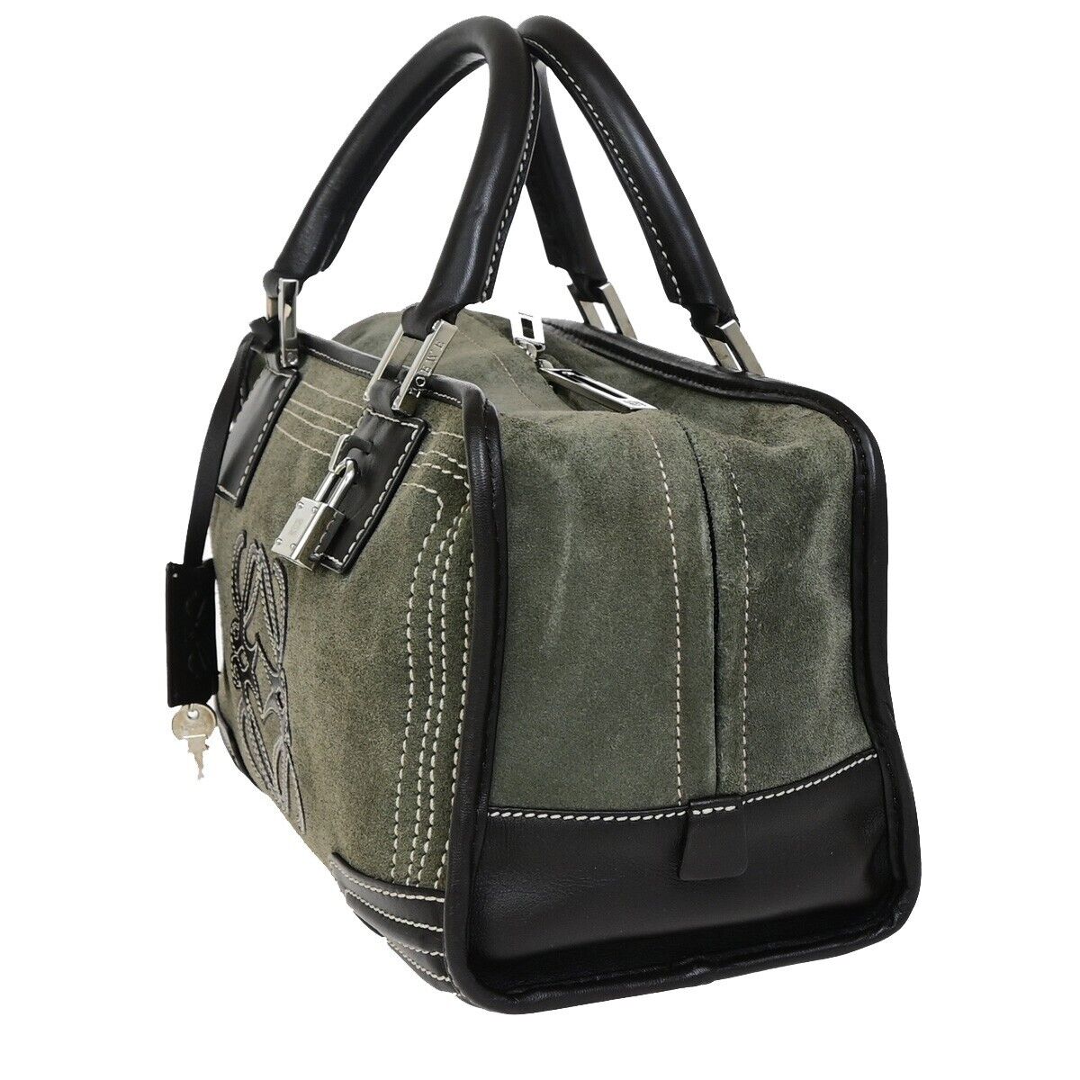 LOEWE Logo Anagram Amazona 28 Hand Bag Suede Leather Green Brown Spain 87FB191