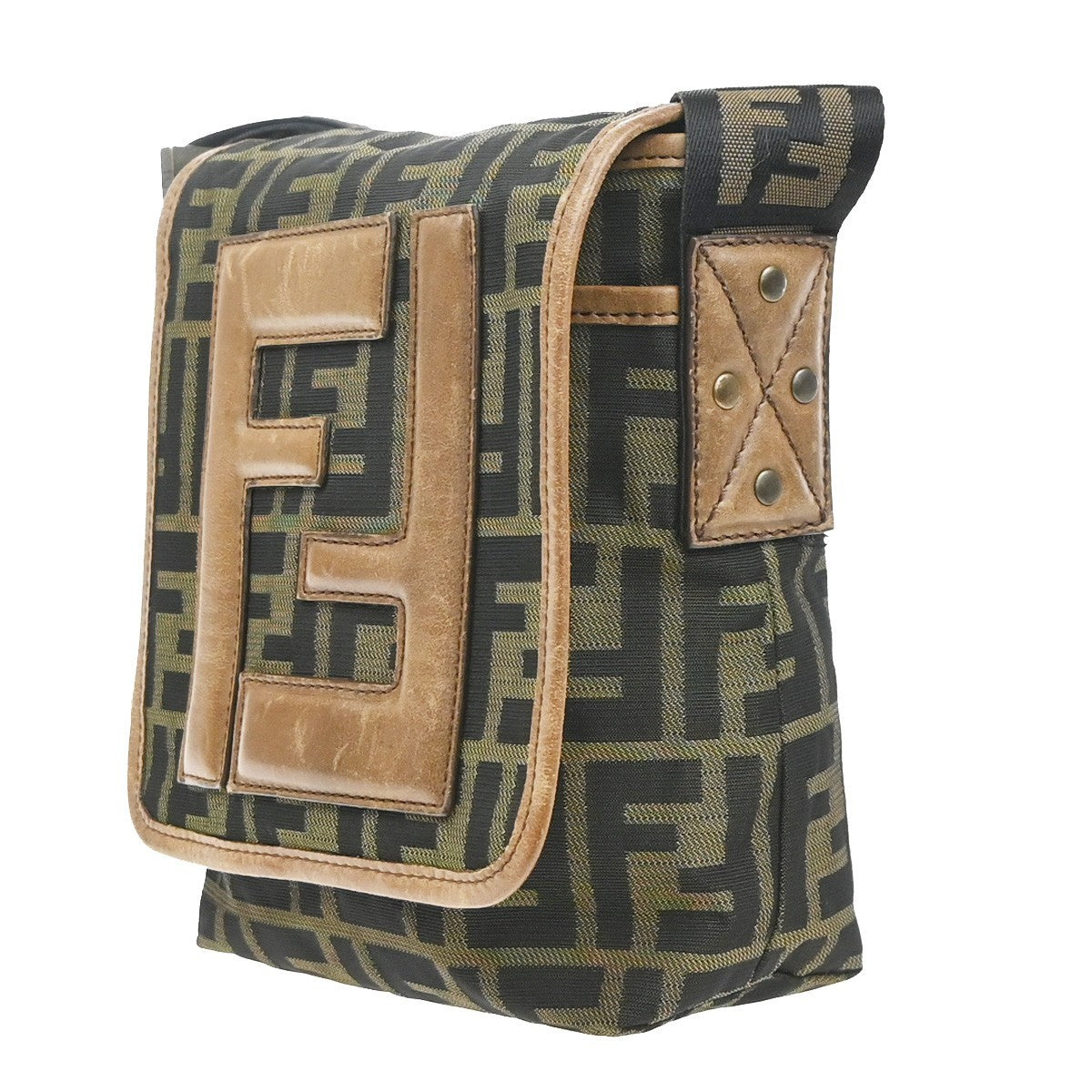 FENDI FF Logo Zucca Pattern Shoulder Bag Canvas Leather Khaki GHW Italy 71MA559