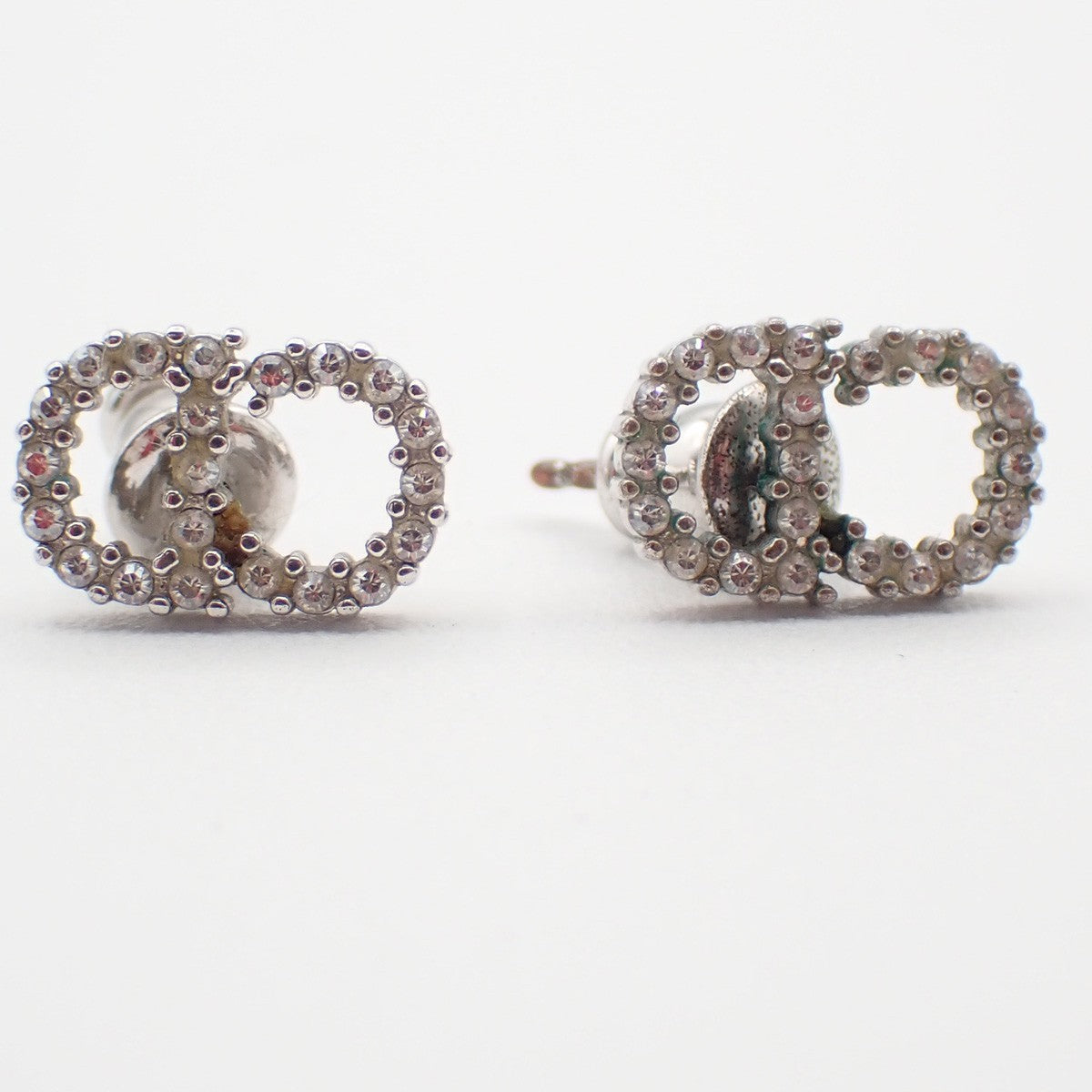 CHRISTIAN DIOR CD Logo Rhinestone Piercing Earrings Silver 62RL850