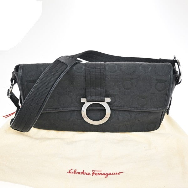SALVATORE FERRAGAMO Gancini Shoulder bag Canvas Leather Black Italy SHW 62TA413