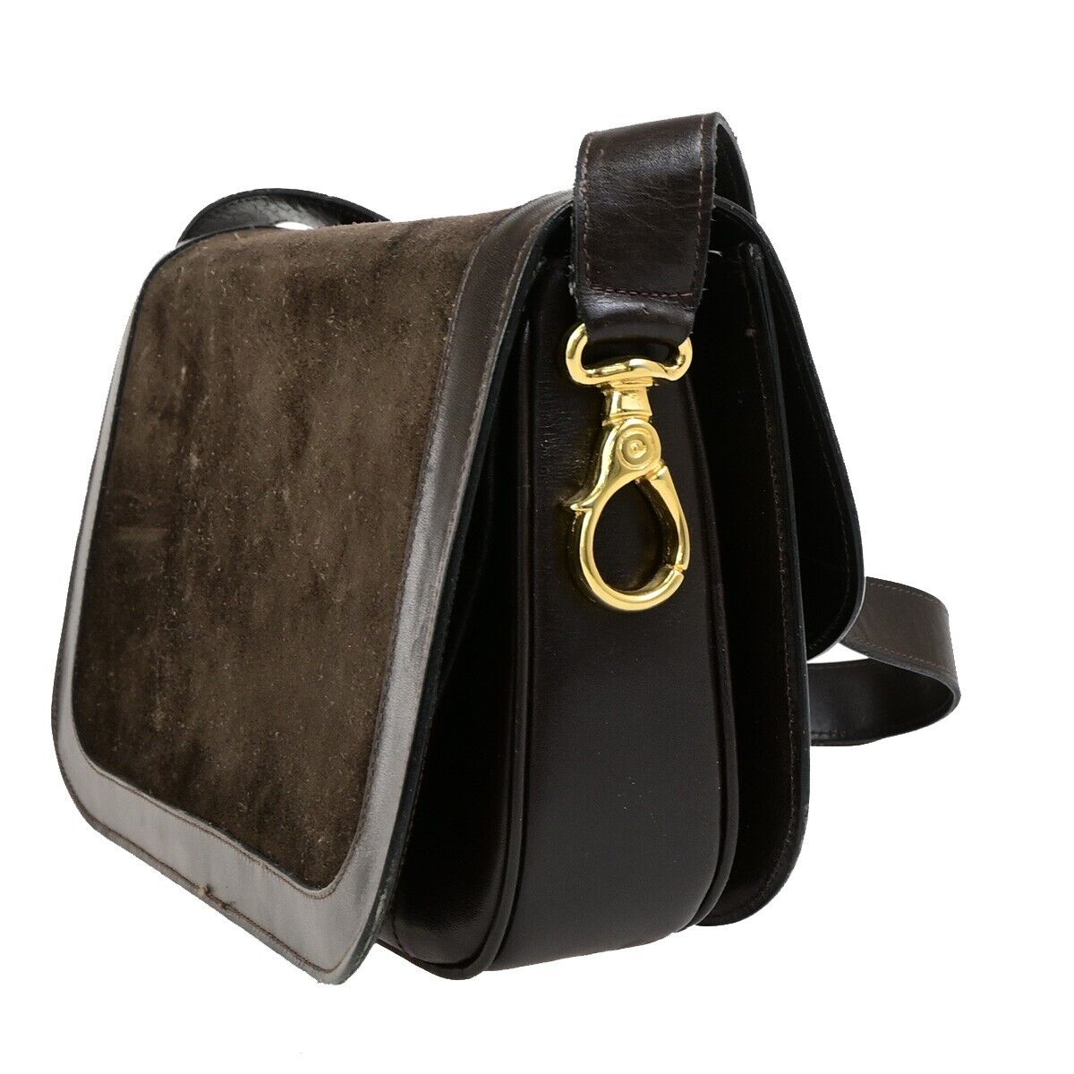 CELINE Logo Crossbody Shoulder Bag Suede Leather Brown GHW 63EC954