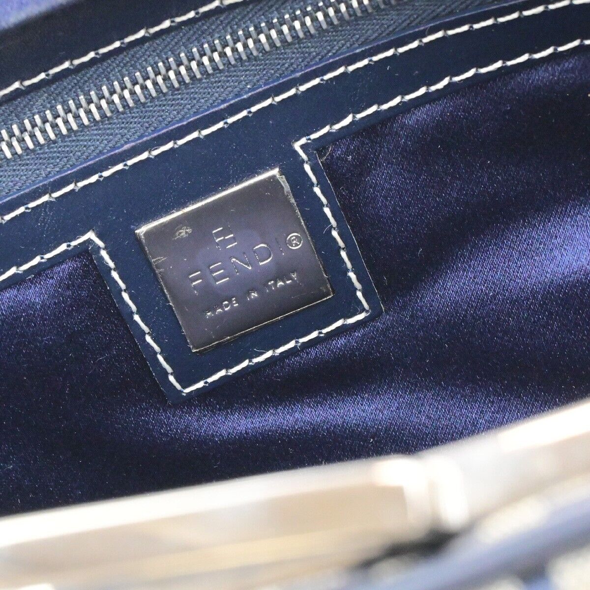 FENDI Logo Zucchino Pattern Hand Bag Nylon Leather Navy Blue Silver 31KA551