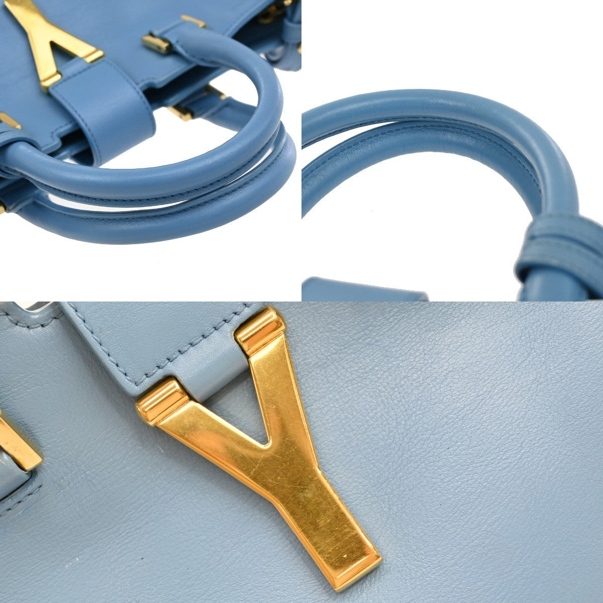 SAINT LAURENT  Logo Classic Y Cabas 2 Way Hand Bag Leather Blue Gold 79KP092