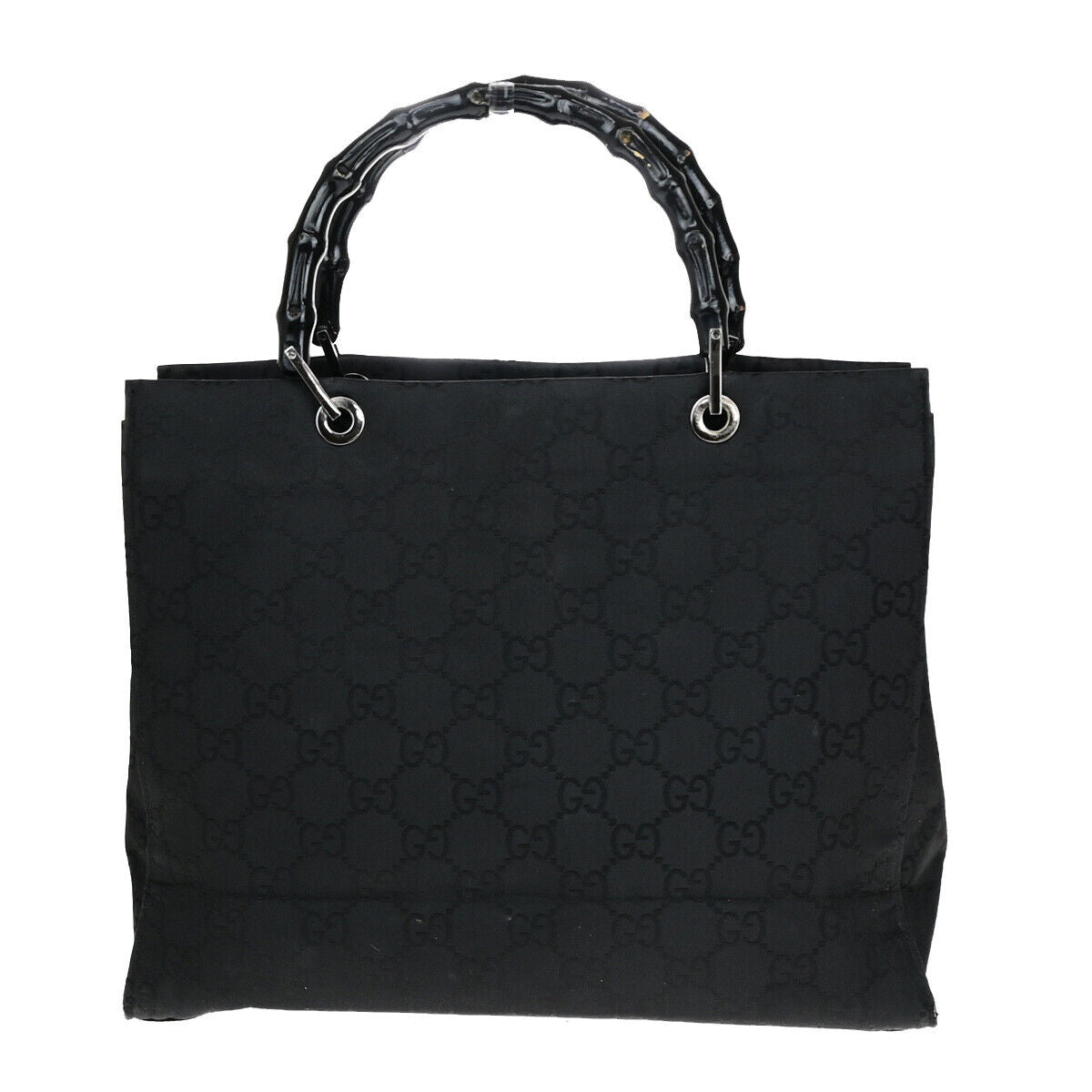 GUCCI Logo Bamboo GG Pattern Hand Bag Nylon Leather Black SHW Italy 04YF648
