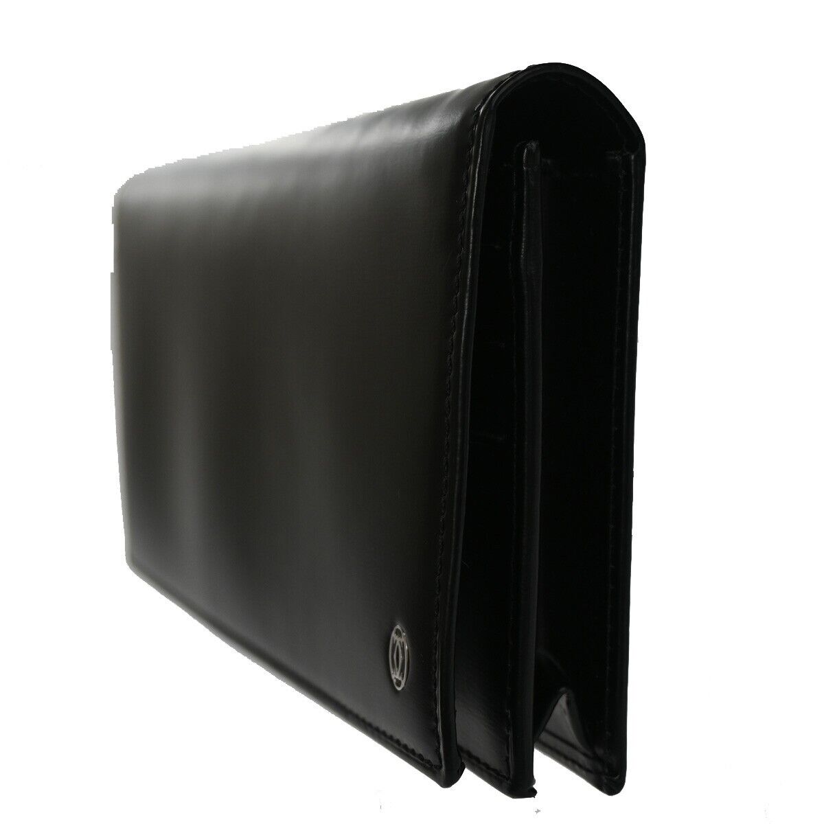 CARTIER 2C Logo Bifold Wallet Purse Leather Black Silver Made in France 69GA852