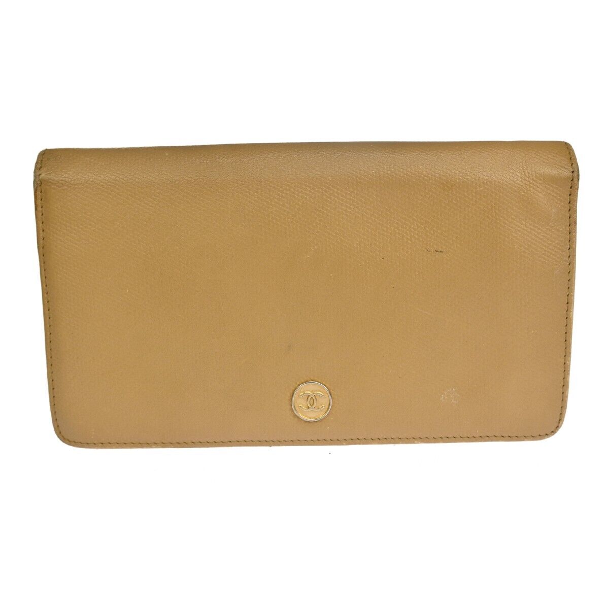 CHANEL CC Logo Long Bifold Wallet Purse Leather Beige Gold-Plated Italy 60GA245