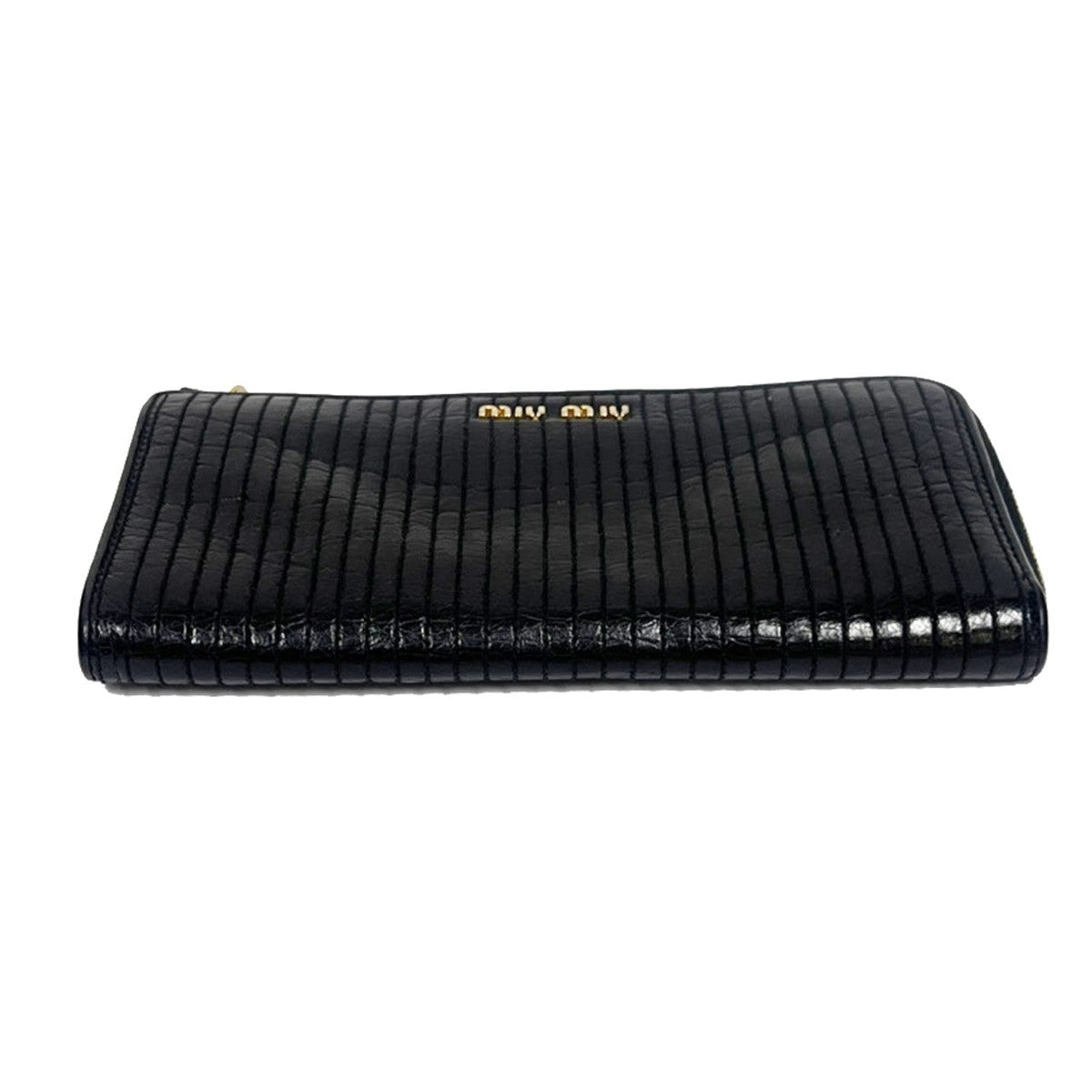 MIU MIU Logo Long Wallet Imitation Pearl Rhinestone Leather Black 60EG137