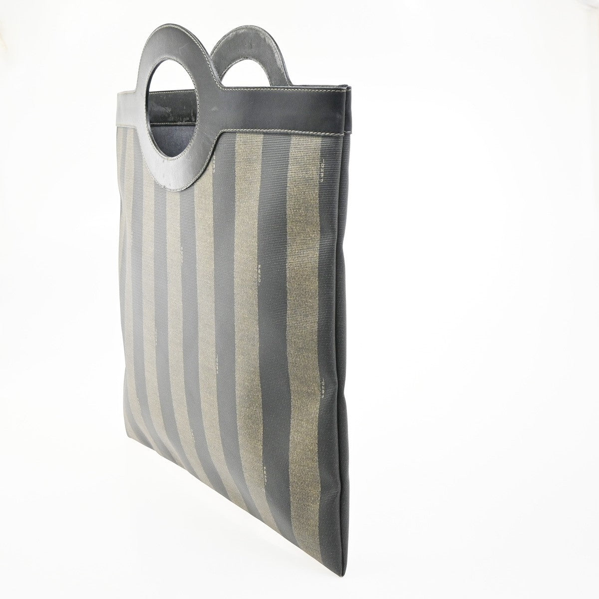 FENDI FF Logo Pequin Stripe Tote Hand Bag PVC Leather Brown Black 68CA783