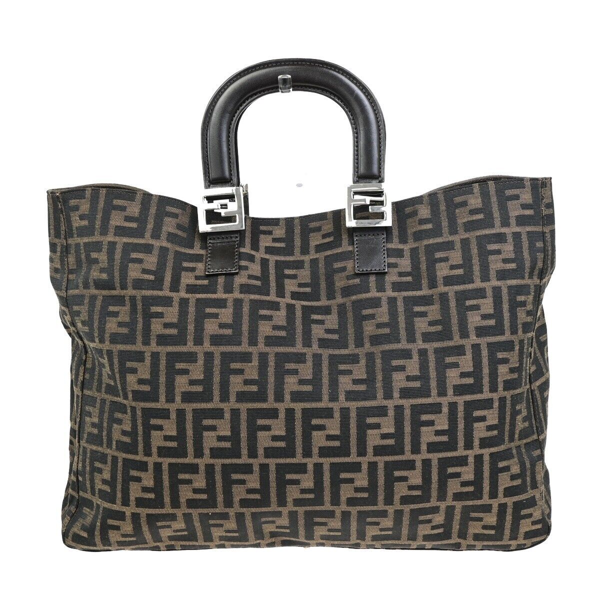 FENDI Logo Zucca Pattern Hand Tote Bag Canvas Leather Brown Silver Italy 98RF206