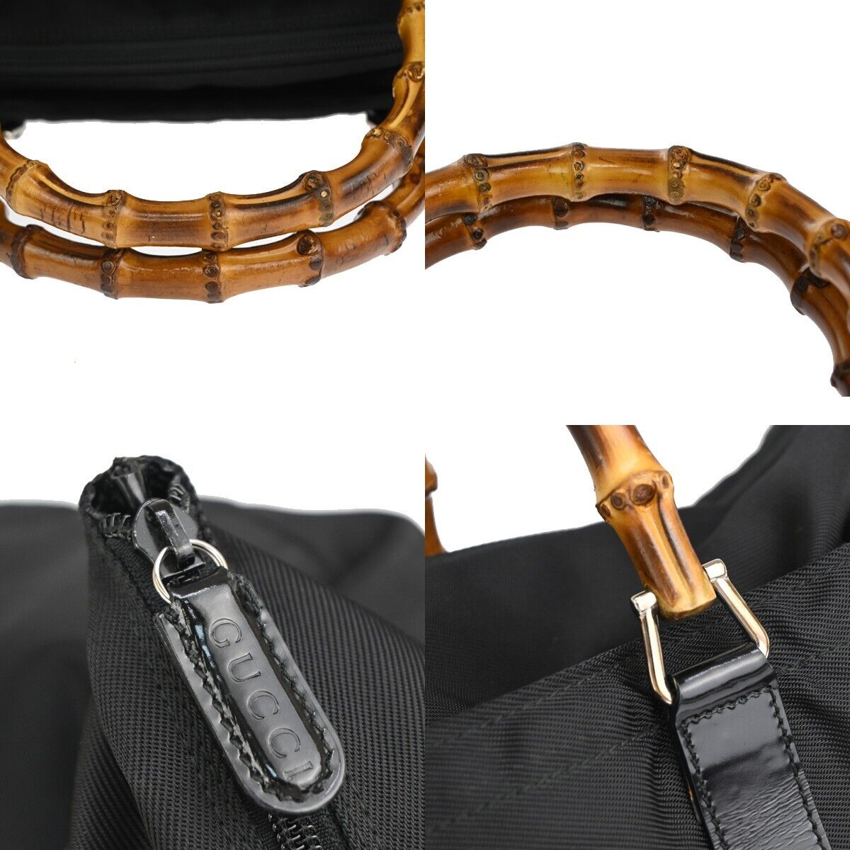 GUCCI Logo Bamboo Tote Hand Bag Nylon Leather Black Silver Italy 09YE231