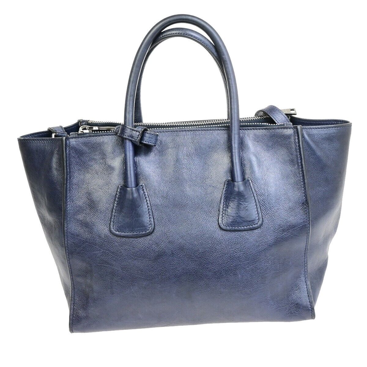 PRADA MILNO Logo 2Way Shoulder Hand Bag Leather Navy Blue Silver-Plated 10ED918