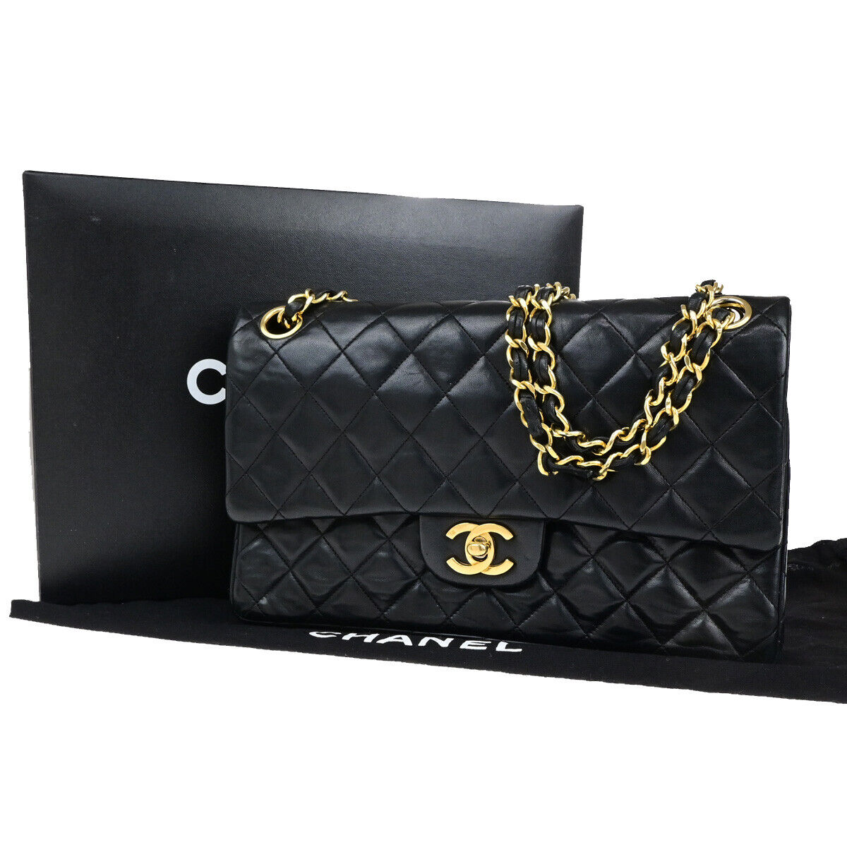 CHANEL CC Matelasse 25 Double Flap Chain Shoulder Bag Leather Black GHW 351RK767