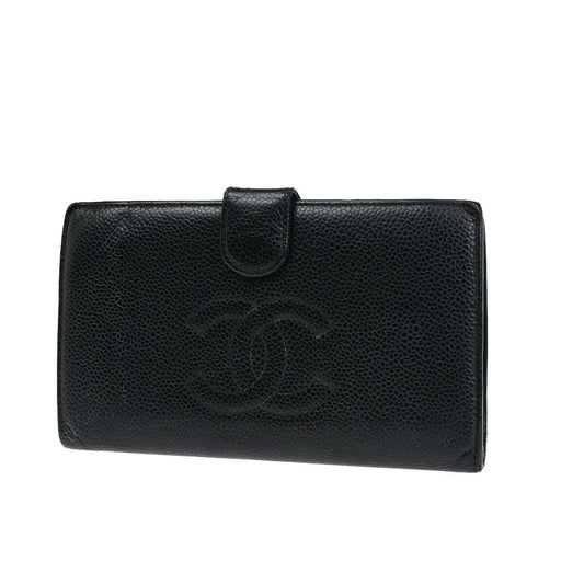 CHANEL CC Long Bifold Wallet Purse Caviar Skin Leather Black GHW Vintage 30SH861
