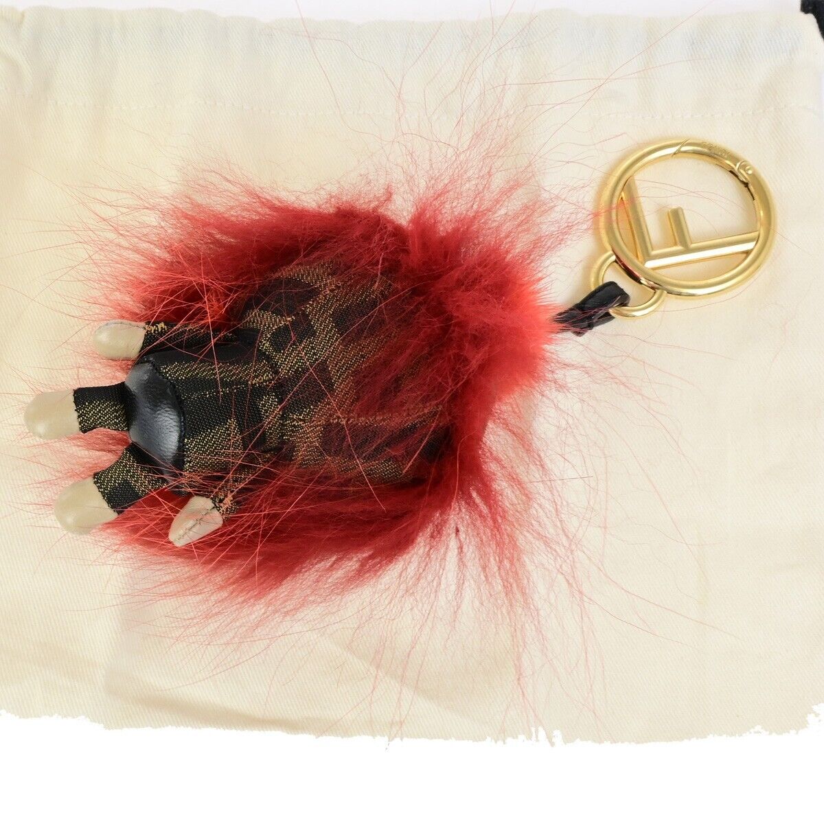 FENDI Logo Zucca Pattern Monster Bag Charm Key Ring Metal Fur Canvas Red 69KA428