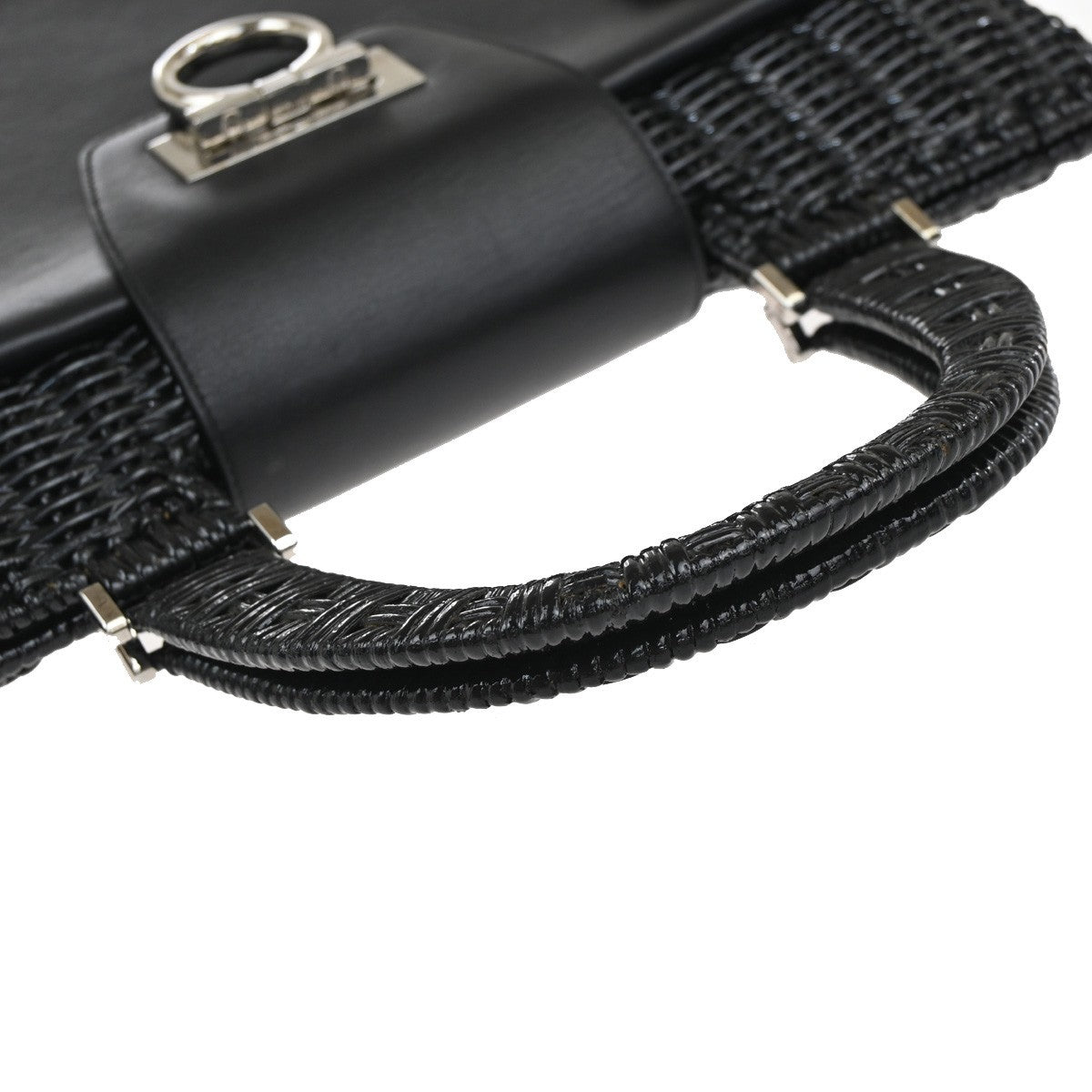 SALVATORE FERRAGAMO Gancini Hand Bag Leather Rattan Black SHW Italy 87RP105