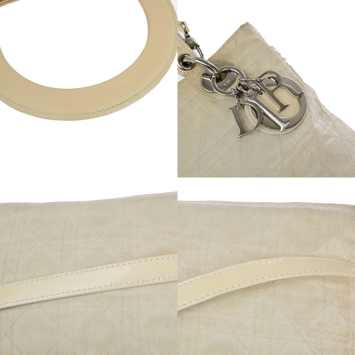 CHRISTIAN DIOR Lady Cannage 2Way Hand Bag Nylon Patent Leather Ivory SHW 81YG576